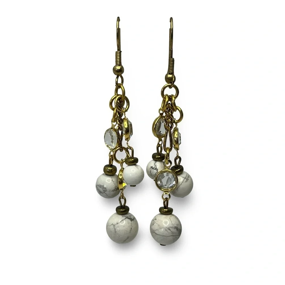 Gold and White Stone Crystal Dangle Earrings
